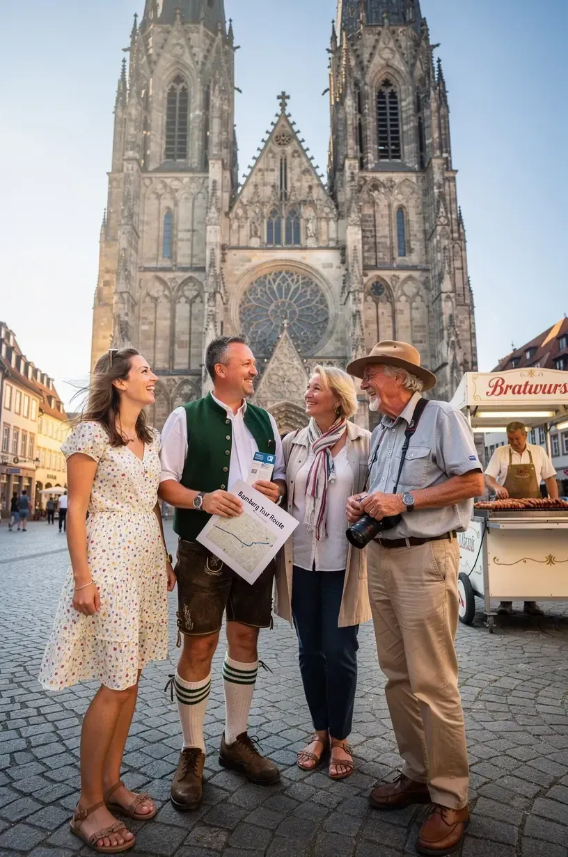 Tourguide zeigt einer kleinen Gruppe von Reisenden bedeutende Sehenswürdigkeiten einer deutschen Stadt mit informativen Erklärungen.